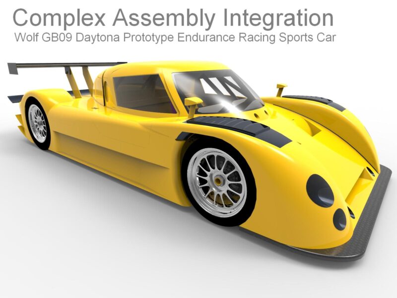 Assembly integration design and engineering by Evocativo. IMSA Daytona prototype endurance racing sports car.
