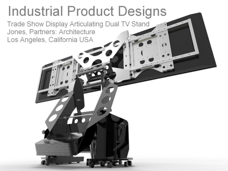 Industrial product design and engineering. Articulated dual TV monitor stand for trade show displays.